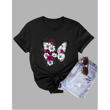 Imagem de Camiseta Tshirt Feminina Algodão Borboleta E Flores Branca - MB Sport,