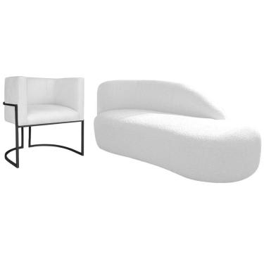Imagem de Kit Divã Luna 185cm Lado Direito E 01 Poltrona Base De Ferro Preto Suede Branco