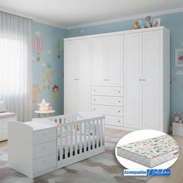 Imagem de Berço Multifuncional Atlanta E Guarda Roupa 6 Portas Americano Ambiente Branco Fosco Henn Com Colchão Gazin - Reller