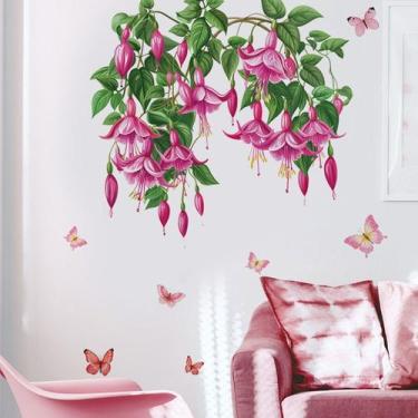 Imagem de Adesivos de parede rosa fúcsia, flor e borboleta, PVC 30x90cm - yiweis
