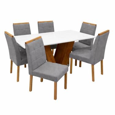 Imagem de Mesa de Jantar Classic 160x80cm com Vidro e 6 Cadeiras Giulia em Linho Estofadas Cel Móveis Cor Cinamomo Off White com Tecido Cinza