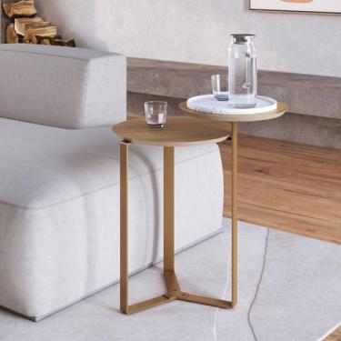 Imagem de Mesa Lateral Dois Tampos Chanfrada Orgânica 44cm Pé Metal 28022 Artesa