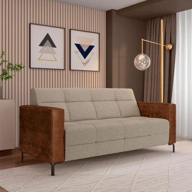 Imagem de Sofá Living Decorativo Houston 2 Lugares 180cm Pés em Metal Linho/PU Bege Escuro/ Marrom G33 - Gran Belo