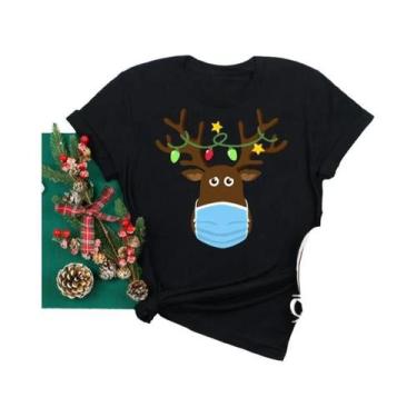 Imagem de Camiseta Feminina De Natal Com Estampa De Rena E Papai Noel, Gola O, E