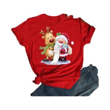Imagem de Camiseta Feminina De Natal Com Estampa De Rena E Papai Noel, Gola O, E