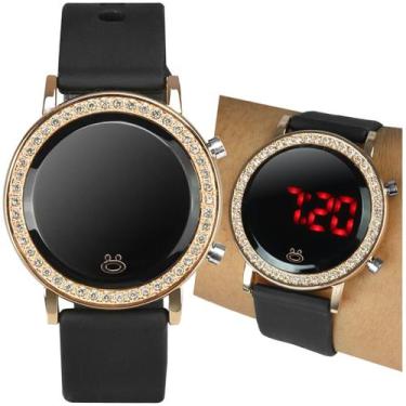 Imagem de relogio feminino digital led strass aço inox redondo led ajustavel cas