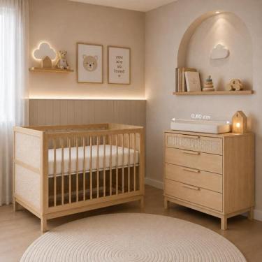 Imagem de Conjunto Berço 2 em 1 e Cômoda Infantil 4 gavetas Palinha Natural e MD