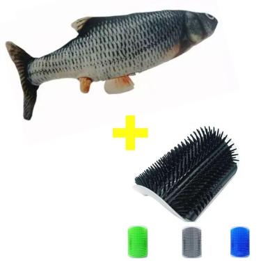 Imagem de Peixe Eletrico Brinquedo Gato Interativo Simulação + Usb + Auto Escova Massageadora De Parede Tira Pelo Gatos + Catnip