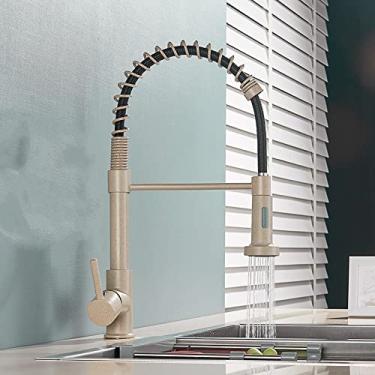 Imagem de Torneira de cozinha de níquel escovado pull down torneira misturadora de água de cozinha rotação de 360 ​​graus torneiras de pia de cozinha torneira de água quente e fria, bege com pontos, china