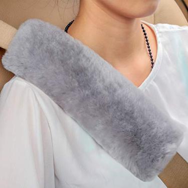 Imagem de ROYAGO Capa para cinto de segurança de lã de pele de carneiro genuína macia para uma condução mais confortável, compatível com todos os carros (cinza)