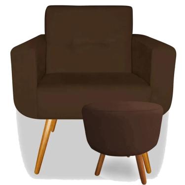 Imagem de Kit Poltrona Decorativa Anitta com Puff Redondo Pés Madeira Corano Marrom