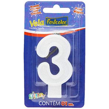 Imagem de Vela Para Aniversario N.03 Glitter Branca - Caixa com 10 Unidade(s), Festcolor, 105313, Branca
