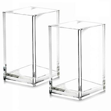 Imagem de Pacote com 2 copos porta-canetas lápis acrílico transparente, suporte para acessórios de mesa, organizador de armazenamento de pincéis de maquiagem, organizador de papelaria de design moderno para materiais escolares de escritório, 6,6 x 6,6 x 10,1 cm
