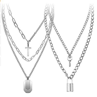 Imagem de N/Q 2 – 4 peças Punk Rock Layered Chaveiro Colar com pingente longo para mulheres e homens Egirl Eboy Multilayer Banhado a Prata 14 K Gótico Hip Hop Colar de Declaração Unissex Joia
