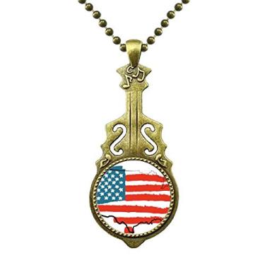 Imagem de DIYthinker Colar com mapa da bandeira dos Estados Unidos com estrelas e listras e pingente de música de guitarra antiga