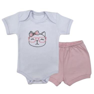 Imagem de Conjunto Body Manga Curta Bordado Gatinha e Short Tapa Fralda - Roupa Bebê Menina-Masculino