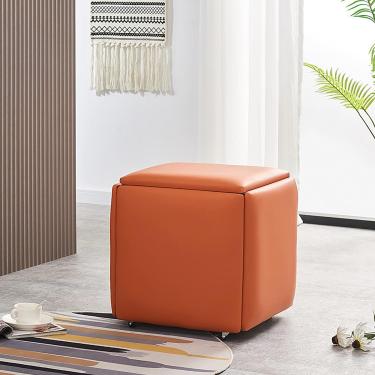 Imagem de Cadeira cúbica de aninhamento 5 em 1 - Bancos empilháveis ​​com apoios para os pés dobráveis ​​sobre rodas - Conjunto versátil de móveis para sala de estar e jantar com assentos de couro sin