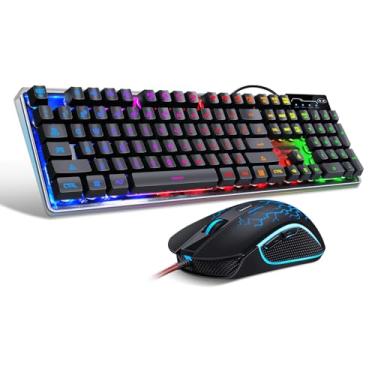Imagem de Teclado de jogos e Mouse Combo, Teclado para jogos MageGee K1 Rainbow Backlit 104 teclas com caixa transparente, Mouse de jogos LED de 3200 DPI para computador/PC/laptop - preto