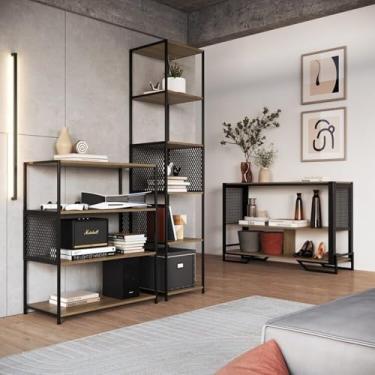 Imagem de Sala de Estar Completa com 3 Itens Estante Media Telada, Aparador Telado e e Estante Média Telada Preto/Mel