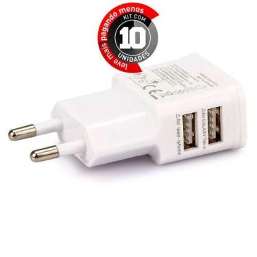Imagem de Carregador Celular Com 2 Entradas Usb - Branco - Kit Com 10 - Cirilo C