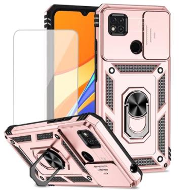 Imagem de Yodueiv Capa protetora para Redmi 9C/Redmi 10A/Redmi 9C NFC/Redmi 9 Activ com protetor de tela de vidro temperado e capa de câmera deslizante, anel magnético para carro para Xiaomi Redmi 9C ouro rosa