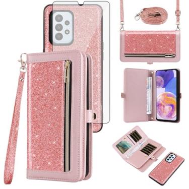 Imagem de Asuwish Capa de celular para Samsung Galaxy A23 5G/4G carteira com zíper destacável com protetor de tela de vidro temperado alça transversal alça brilhante flip porta-cartão A 23 23A 6,6 mulheres rosa
