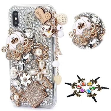 Imagem de STENES Capa brilhante compatível com Samsung Galaxy A15 5G - Elegante - 3D artesanal bling abóbora carro garrafa coração pingente strass cristal diamante design meninas mulheres capa - ouro