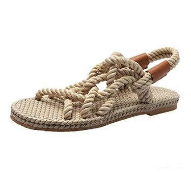 Imagem de Sandálias para mulheres sapatos de corda trançada com sandálias tradicionais casuais simples fashion sandálias femininas sapatos de verão(Apricot,42EU)