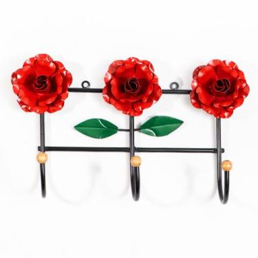 Imagem de Cabideiro de Parede Suporte Artesanal 3 Ganchos Flor Vermelha - Full E