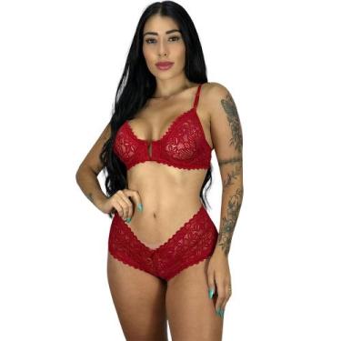 Imagem de Conjunto Lingerie Renda Calcinha Sutiã Top Sem Bojo Forro Sustentação 