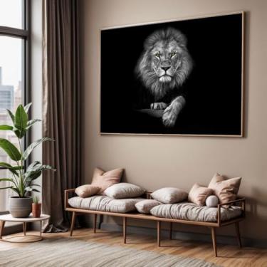 Imagem de Quadro com Moldura Sala Quarto Leão Preto e Branco Olho Verde Decorativo Horizontal Grande Hall