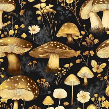 Imagem de XRUIBZI Papel de parede dourado para descascar e colar cogumelo vintage boho folha papel de contato flor preta mural de parede vinil impermeável autoadesivo removível para locatário papel de parede