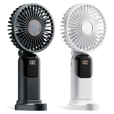 Imagem de Ventilador portátil Gockera, ventilador operado por bateria de 4200 mAh, 5 velocidades e display digital, ventiladores de maquiagem com base, para mulheres, ventilador portátil 3 em 1, dobrável, 180°