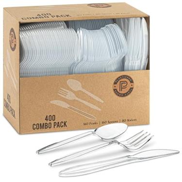 Imagem de PLASTICPRO Pacote com 400 utensílios de plástico descartáveis, conjunto de talheres coloridos variados, garfos, colheres, facas, talheres, talheres de plástico transparente para festas