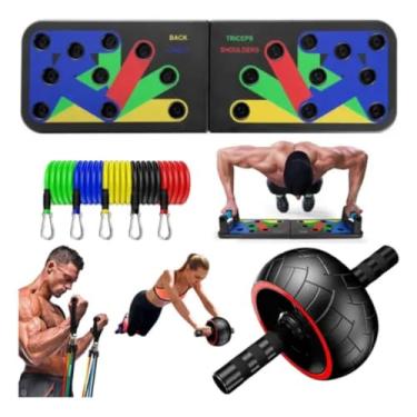 Imagem de Kit Apoio Flexão Com Roda Abdominal e Elástico Extensor Treino Completo Musculação Fisioterapia Academia em Casa