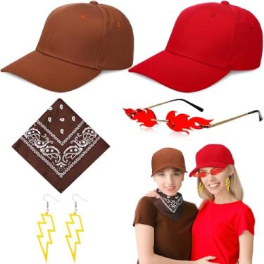 Imagem de Maiteenly Conjunto de 6 peças de acessórios para reboque de café e vitalidade vermelha de Halloween, 2 bonés de beisebol, 1 óculos de sol chamas de fogo, 1 brincos pendentes de gota, 1 bandana cowboy