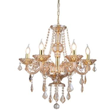 Imagem de Vimatto Lustre de cristal âmbar K9 luxuoso 6 luzes estilo vela moderna luminária de teto compatível com lâmpadas E12 para sala de estar, sala de jantar, quarto, entrada de corredor (6 luzes)