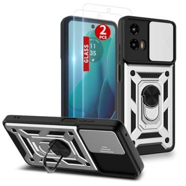 Imagem de Capa para Moto G-5g-2024: com protetor de tela de 2 peças, capa de câmera deslizante e suporte para capa de celular Moto G 2024, prata