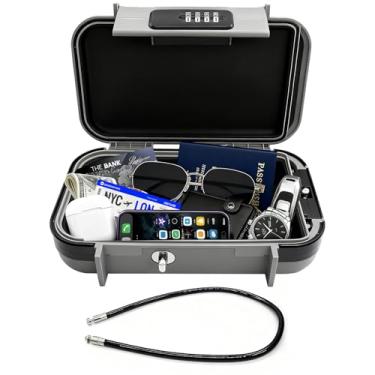 Imagem de Eikovia Caixa de segurança portátil com código – Cofre pequeno de viagem para telefone, chaves e cartões – Caixa de segurança de plástico ABS à prova d'água com cabo de aço ajustável – perfeita para