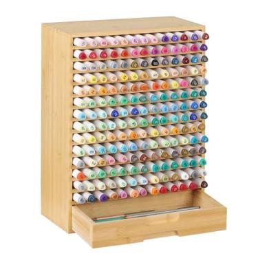 Imagem de AUTOARK Organizador de marcadores de bambu natural com gaveta, 182 compartimentos, grande armazenamento de material de arte para artistas, professores, estudantes – Organizador de mesa resistente sem