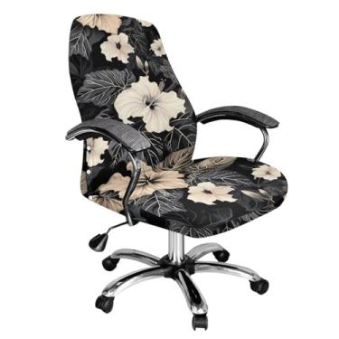 Imagem de Wanzuoeng Capa de assento para cadeira de mesa de computador com estampa de hibisco, à prova de poeira, lavável, giratória, para cadeiras de escritório com fundo elástico