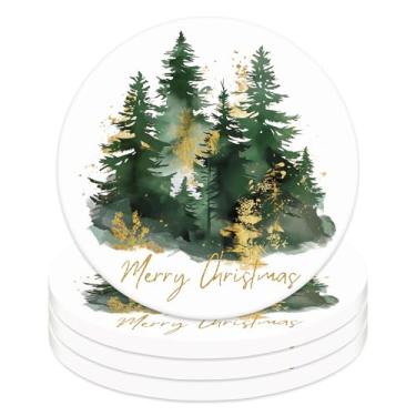 Imagem de JarThenaAMCS 4 peças de porta-copos de Natal redondo porta-copos de cerâmica aquarela tapete de copo de pinheiro de Natal para canecas casa cozinha fazenda mesa proteção