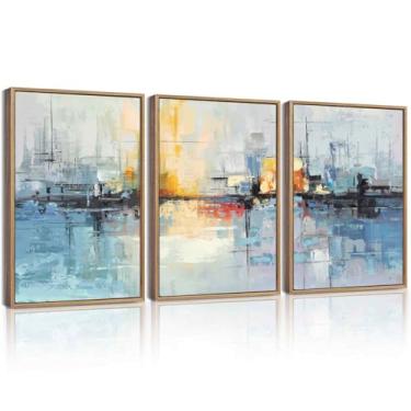 Imagem de KUVIOKE Tela emoldurada azul marinho abstrata arte de parede em forma de grafite pastel decoração de parede pintura moderna minimalista para quarto sala de jantar 30 x 40 cm (moldura natural)