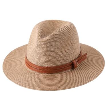 Imagem de Chapéu de palha Panamá de verão masculino e feminino, aba larga, proteção UV, chapéu fedora cáqui L59-60 cm