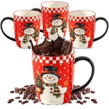 Imagem de HASENSE Conjunto de 4 canecas de café, xícaras de café de 425 g com alça e padrões de boneco de neve para homens e mulheres, conjunto de xícaras de café coloridas de porcelana de Natal para chá, cacau