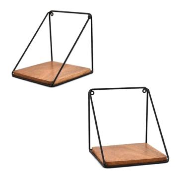Imagem de Hanol Conjunto de 2 prateleiras flutuantes de ferro e madeira de acácia com suportes de ferro – Exibição rústica montada na parede para sala de estar, quarto, banheiro e cozinha (15 x 15 cm x 15 cm)