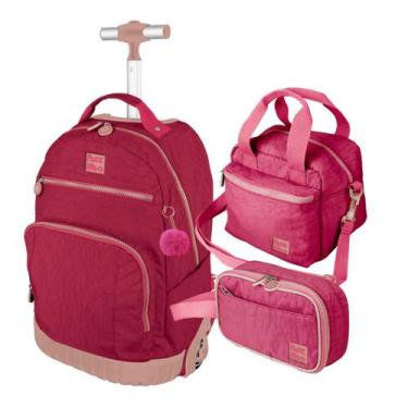 Imagem de Kit Mochila Rodinhas Lancheira Estojo Escolar Passeio Rosa - GOAL