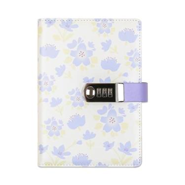 Imagem de WREWING Diário de senha floral com cadeado, caderno recarregável A5, 224 páginas, cadernos de couro PU, diário bloqueado por senha para mulheres e adolescentes, diário secreto floral para viagens de