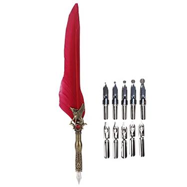 Imagem de Caneta de penas Lápis de mergulho de aço inoxidável Instrumento de escrita elegante para caligrafia Assinatura de casamento Presente Decoração de mesa Design de penas Aperto (Vermelho profundo)