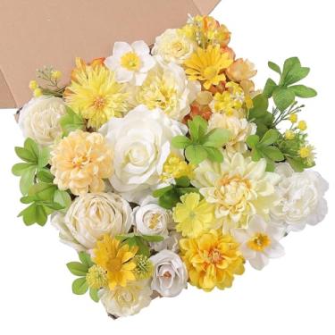 Imagem de JGRSHES Conjunto de caixa de flores artificiais, rosas brancas e amarelas, dália, flores de seda falsas com hastes para buquês de noiva de casamento, arranjos florais, centros de mesa, chá de bebê